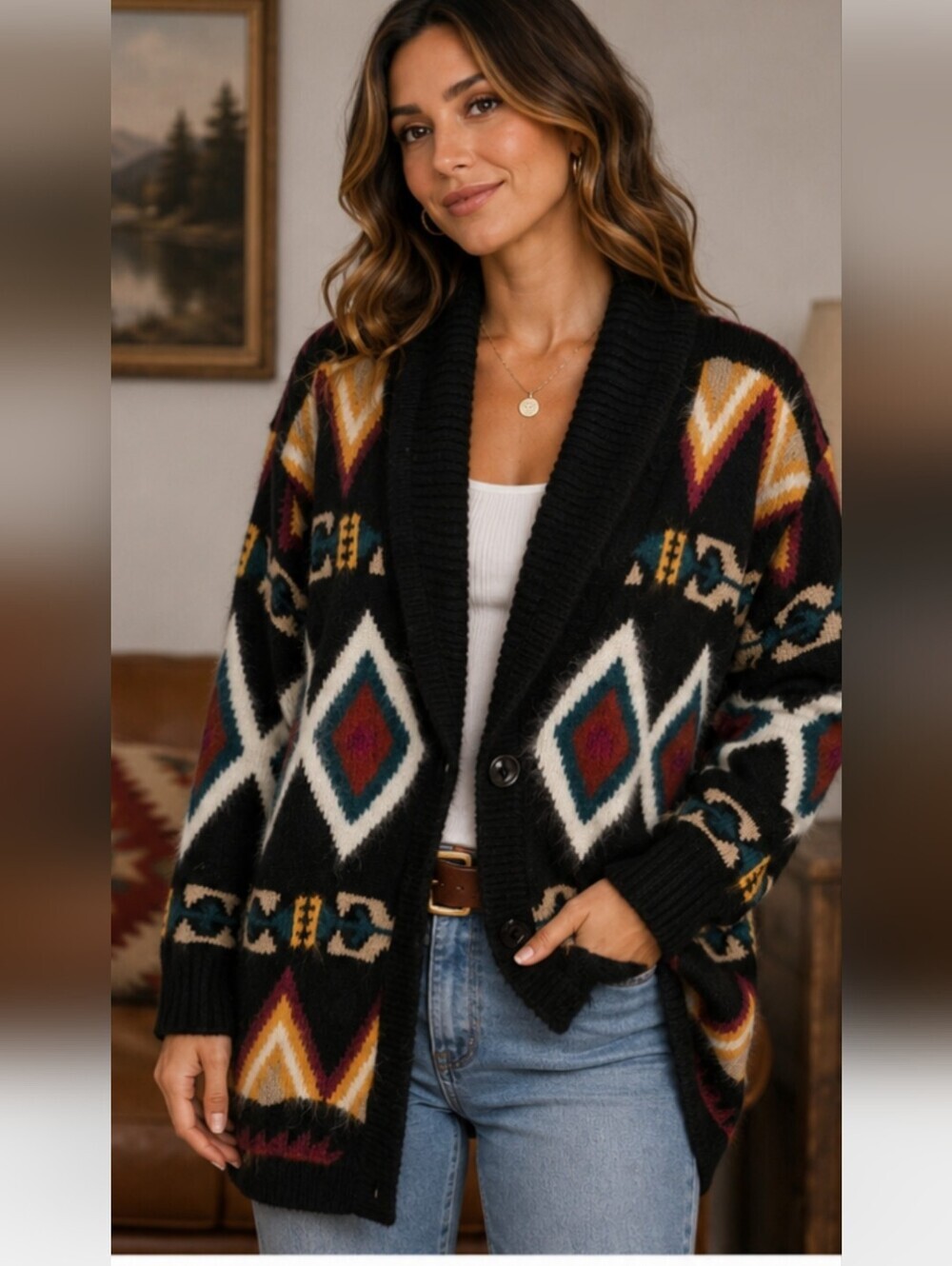 Vintage Rafaella Rabbit Hair Blend Southwestern Shawl Collar Cardigan Sweater M
